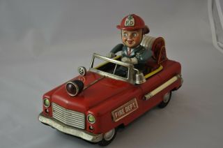 Fire Chief Car,  Japan (t.  N Nomura) Vintage Tin Battery Car 1950s Exc