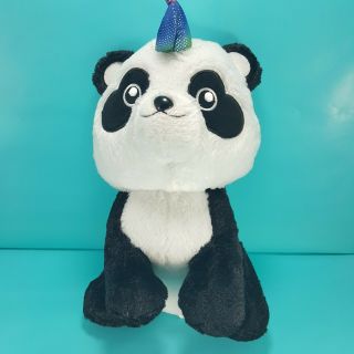 Panda Bear Unicorn Stuffed Plush Animal Pandacorn Blue Horn 11 " Black White