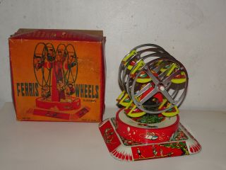 Red China Ferris Wheels Merry Go Round Vintage Tin Toy