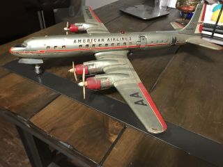 VINTAGE battery Op 1950s Japan tin toy AMERICAN AIRLINES DC7 plane by YONEZAWA 3