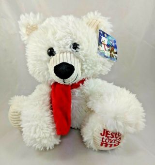Fiesta Scruffy Polar Bear Plush Red Scarf Jesus Loves Me 9.  5 " Stuffed Animal
