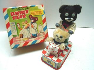 Rare Japan T.  N/nomura Tin Battery Op.  1958 Black Barber Bear W/box.  A, .  Runs.  Nres