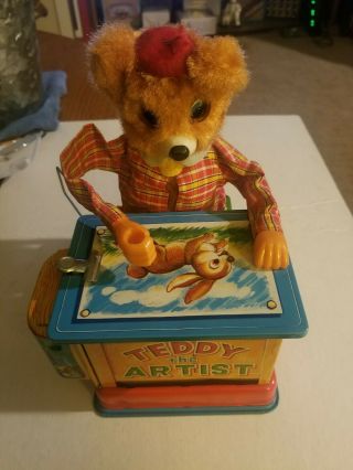 Rare Vintage Battery Op Teddy The Artist Bear Tin Toy By Yonezawa Y Co