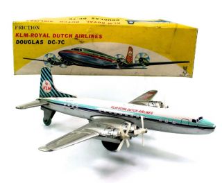 VINTAGE USAGIYA KLM - ROYAL DUTCH TIN FRICTION DC - 7C TOY AIRCRAFT W/BOX 3