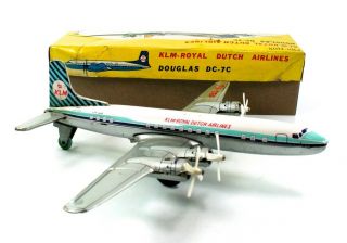 VINTAGE USAGIYA KLM - ROYAL DUTCH TIN FRICTION DC - 7C TOY AIRCRAFT W/BOX 7