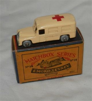 1950s.  Matchbox.  Lesney 14 A Daimler Ambulance.  Metal Wheels. ,
