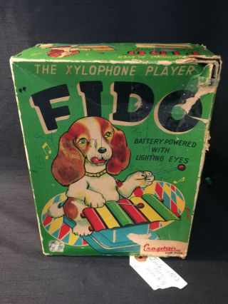 Rare Vintage Cragstan The Xylophone Player Fido Toy Tin Lithograph Box