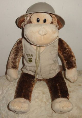 Plastic Pith Helmet Beige Safari Vest Brown Monkey Plush Stuffed Pockets 19 "
