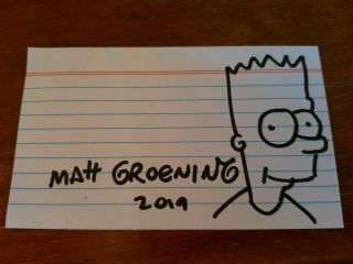 Matt Groening - The Simpsons - Autographed Card With Bart Simpson Illustration.
