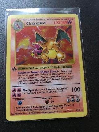 1st Edition Shadowless Charizard 4 Holographic 1999 Pokemon Card - Thick Stamp