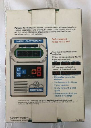 Vintage 1977 Mattel Football Electronic Hand - Held Game Orig Receipt Box EVC 5