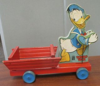 Vintage Fisher Price 500 Donald Duck Cart Walt Disney Wood Pull Toy