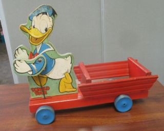 Vintage FISHER PRICE 500 DONALD DUCK CART WALT DISNEY WOOD PULL TOY 4