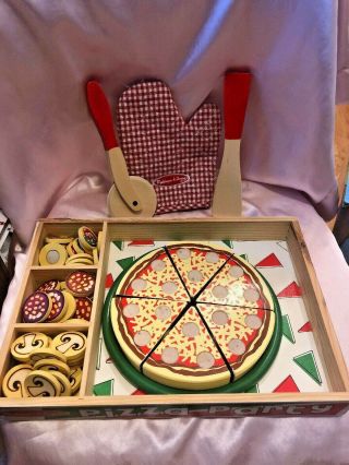 Melissa & Doug Pizza Party Wooden Play Food Set With 50 Toppings Cutter Hot Mit