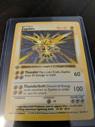 Zapdos Pokemon Card,  16/102,  1st Edition Shadowless,  Holo,  Gray Stamp