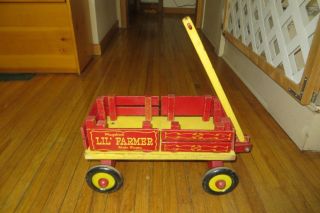 Vintage Playskool Lil Farmer Wood Stake Wagon,  Red & Yellow