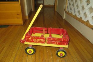 Vintage Playskool Lil Farmer Wood Stake Wagon,  Red & Yellow 2