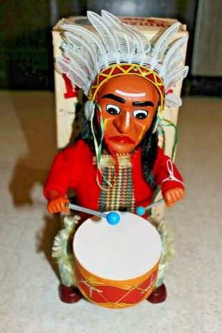 Vintage Tinplate Battery Operated Drumming “indian” Joe Toy,  Alps Co.  Japan