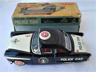 Vintage 1960s Japan Toy Tin Litho Friction Powered Police Vehicle Car No 11,  Box.