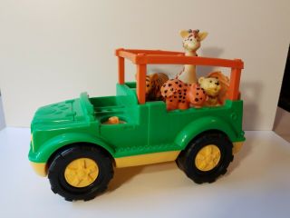 Fisher Price Little People 2011 Sounds Safari Truck Green Jeep W/ 4 Animals
