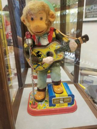 Vintage Japan Monkey Guitar Playing Tin Toy Japan Battery Operated