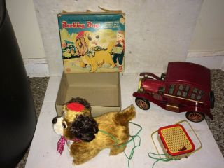 2 Vintage 1960s Japan Battery Operated Tin Toys,  Marx Barking Dog,  Box,  Grandpa Car