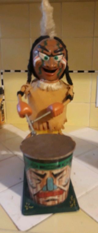 Vintage 1964 Marx Nutty Mad Indian Drumming Drum Battery Operated Tin Toy