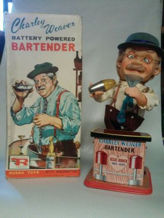 Vintage 1962 Charlie Weaver Battery Operated Bartender W/box Rosko Japan