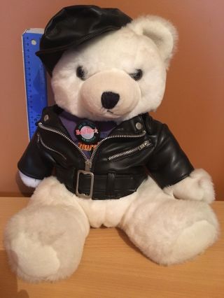Hard Rock Cafe Polar Bear Plush Toy Doll With Badge Leather Jacket Stuffed 30cm
