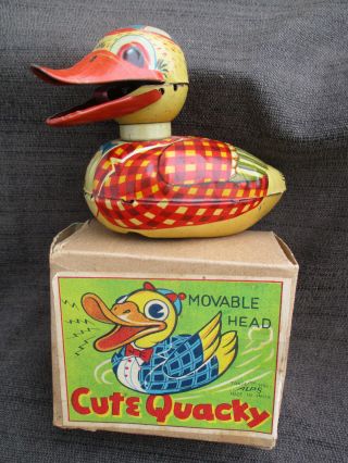 Vintage 1950s - 1960s Japan Tin Friction Alps Toy Cute Quacky Duck W Box