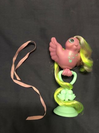 Vtg Hasbro My Little Pony Pink Bird Fairytails Tricky Tail W Stand Ribbon 1987