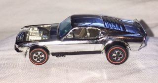 1969 Hot Wheels Red Line Silver Mustang Boss Hoss Dark Interior Blue Windshield