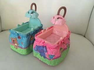 2 Fisher Price 2007 Loving Family Dollhouse Pink & Blue Baby Bed Cribs W/mobiles