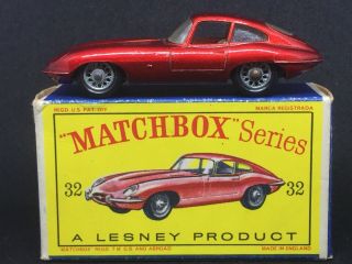 Matchbox Lesney 32 B ‘e’ Type Jaguar Black Tyres & Orig Type D2 Box