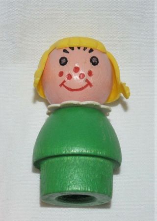 Vintage Little People Fisher Price Green Girl All Wooden Body Blonde Braids