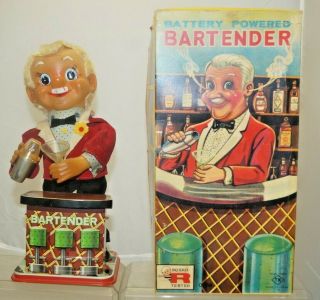 Vintage 1950s Rosko Battery Operated Bartender Tin Toy W/ Box Made in Japan 2