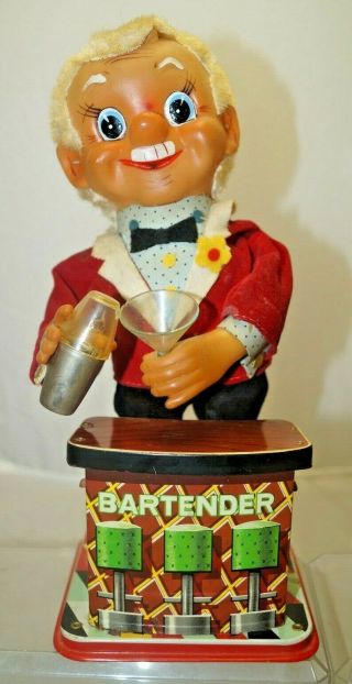 Vintage 1950s Rosko Battery Operated Bartender Tin Toy W/ Box Made in Japan 3