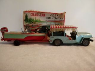 Vintage Friction Cracstan Jeep With Boat And Trailer