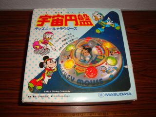 Vintage 1980s Disney Mickey Mouse Flying Saucer Tin Toy By Masudaya Mint/unused