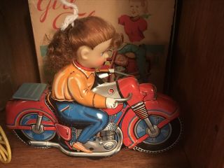 Vintage 1960’s Girl On Motorcycle Tin Friction - Box - Mib Boxed