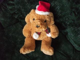 13 " Beverly Hills Teddy Bear Co Plush Tan Dog With Santa Hat & Plaid Scarf Soft