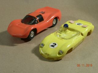 Eldon Slot Car Orange Chaparral 1/32 Scale & Ferrari Body With Porsche Stickers