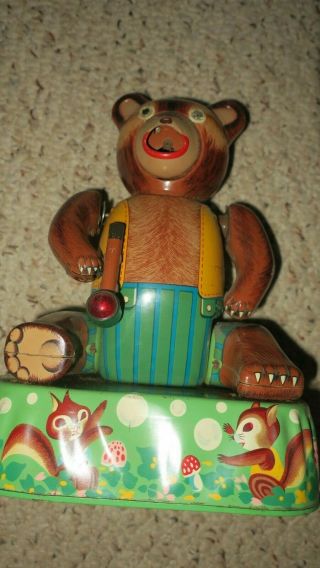 BATTERY OPERATED SEATED SMOKING BEAR,  1950 ' S TM JAPAN ALL TIN FOR REPAIR 2