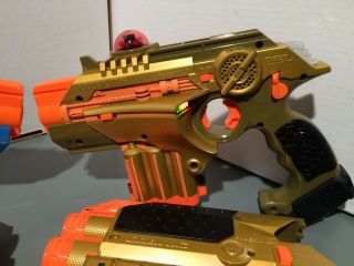 2 Nerf Phoenix LTX Lazer Tag Guns 2008 Laser Gold Blue Shotgun Attachment Tiger 5
