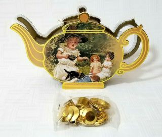 1993 Doll Miniature Tea Set For 4 Teapot Gold Ornament Box - B.  Shackman & Co