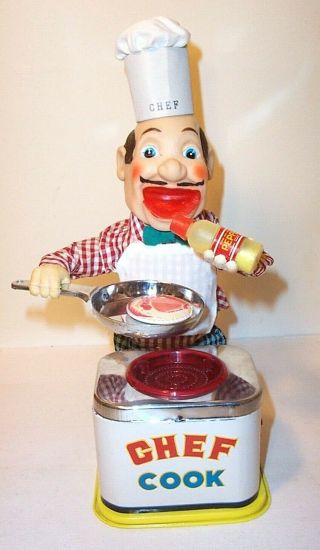 1960 ' s BATTERY OPERATED CHEF COOK VINTAGE TIN TOY BURGER / PIGGY BBQ BUDDY 2
