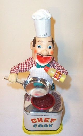 1960 ' s BATTERY OPERATED CHEF COOK VINTAGE TIN TOY BURGER / PIGGY BBQ BUDDY 3