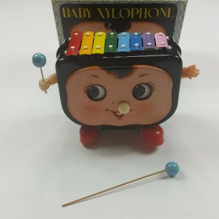 Vintage Red China Tin Walking Baby Xylophone Toy Battery Operated Not