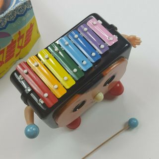 Vintage Red China Tin Walking Baby Xylophone Toy Battery Operated Not 3