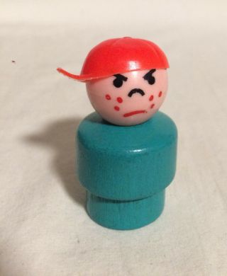 Fisher Price Little People Vintage Whoops Wood Turquoise Boy Mad/bully Side Hat